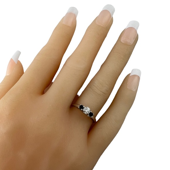 14K White Gold 3 Stone Natural Diamond Lab Created Sapphires Ring #15619 - Picture 8 of 9